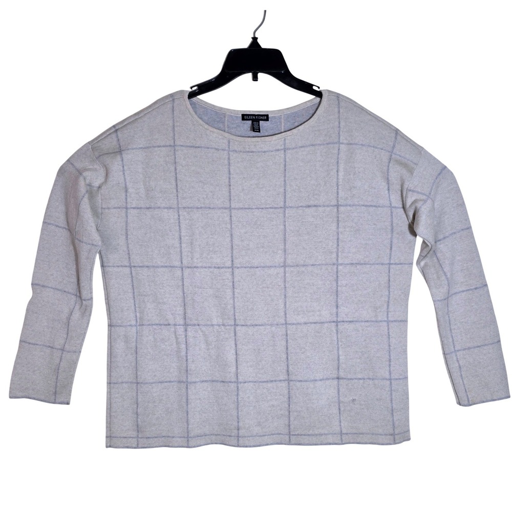 Eileen Fisher Women's Windowpane Merino Wool Sweater Size M Grey Cream - Picture 5 of 12